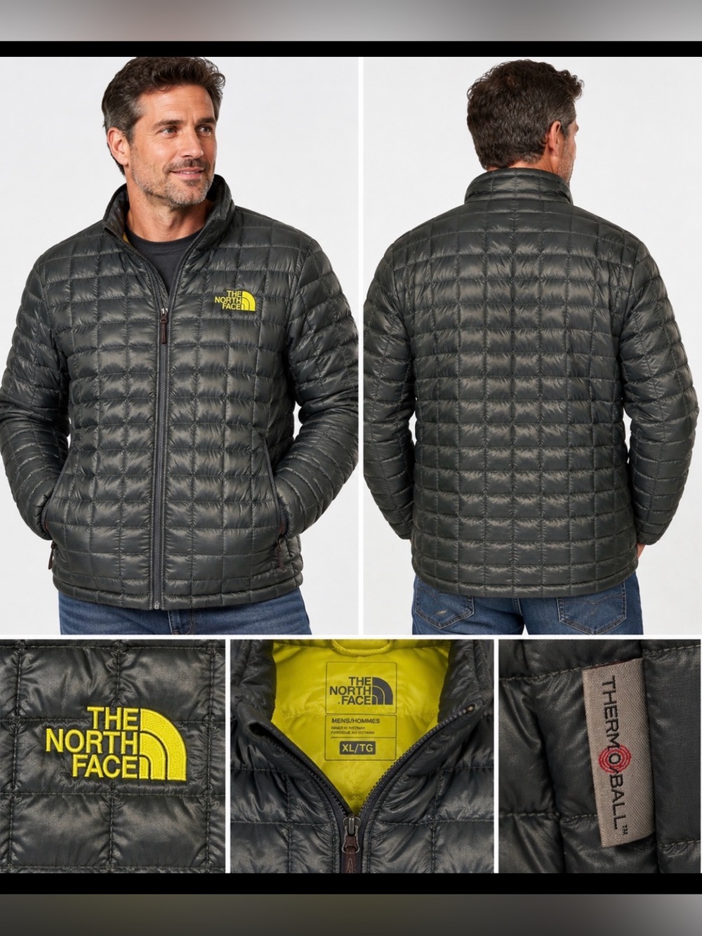 The North Face ThermoBall Men’s XXL Jacket – Gray/Black with Yellow Logo